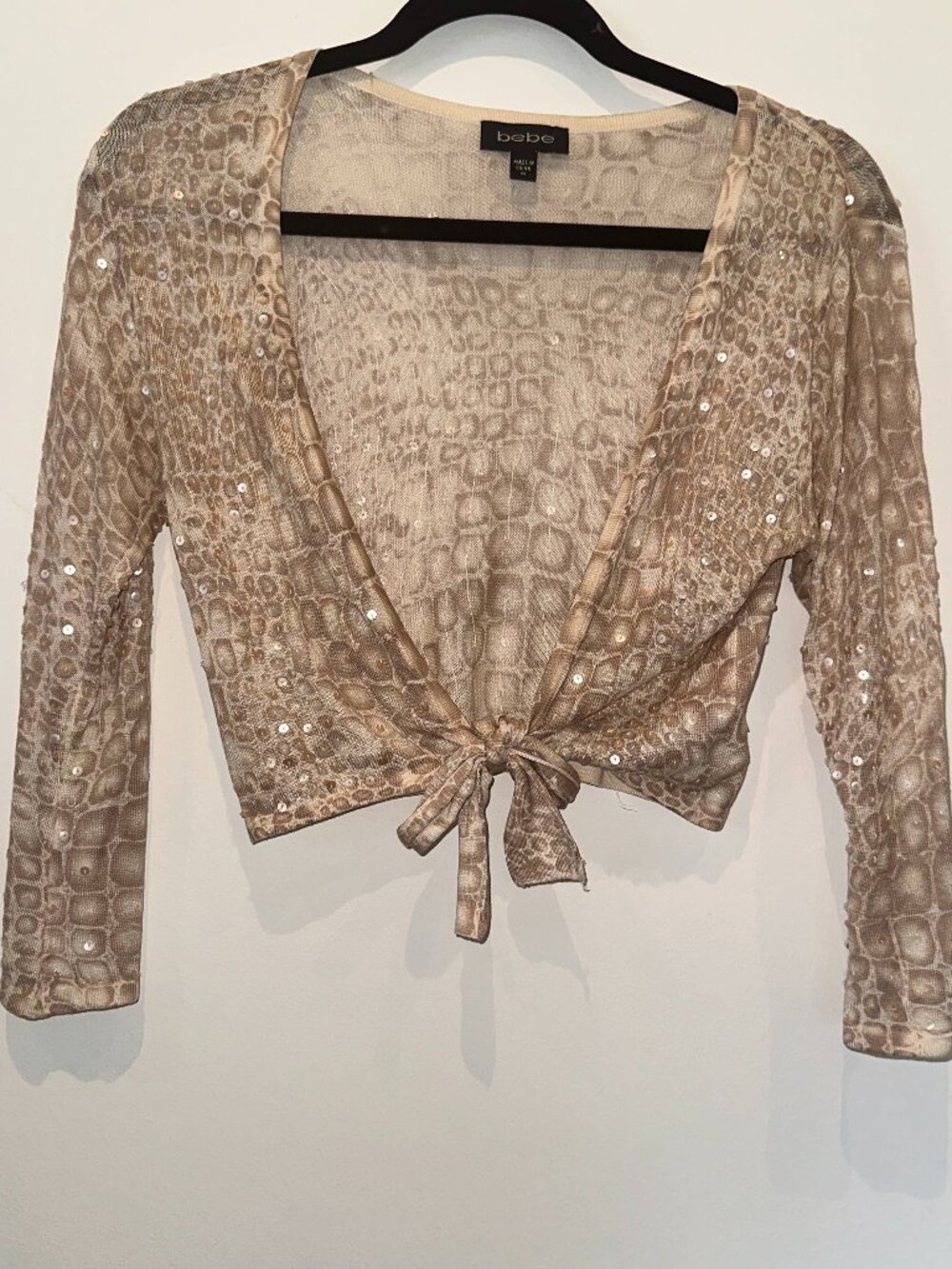 Bebe Women's Beige Animal Print Sequin Tie-Front Shrug Cardigan